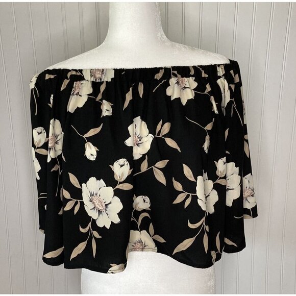 Lulus Womens Light Of Dawn Black Floral On Off Shoulder Split Back Cropped Top-L - Picture 1 of 15